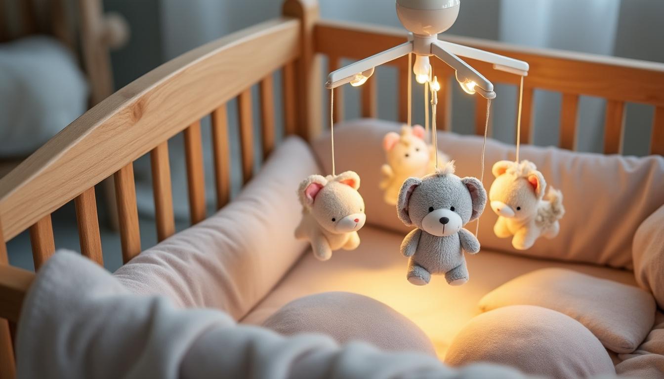 découvrez notre mobile musical et veilleuse pour bébé, un duo parfait qui facilite l'endormissement de votre enfant. avec des mélodies apaisantes et une lumière douce, créez une ambiance sereine et réconfortante, propice au sommeil!