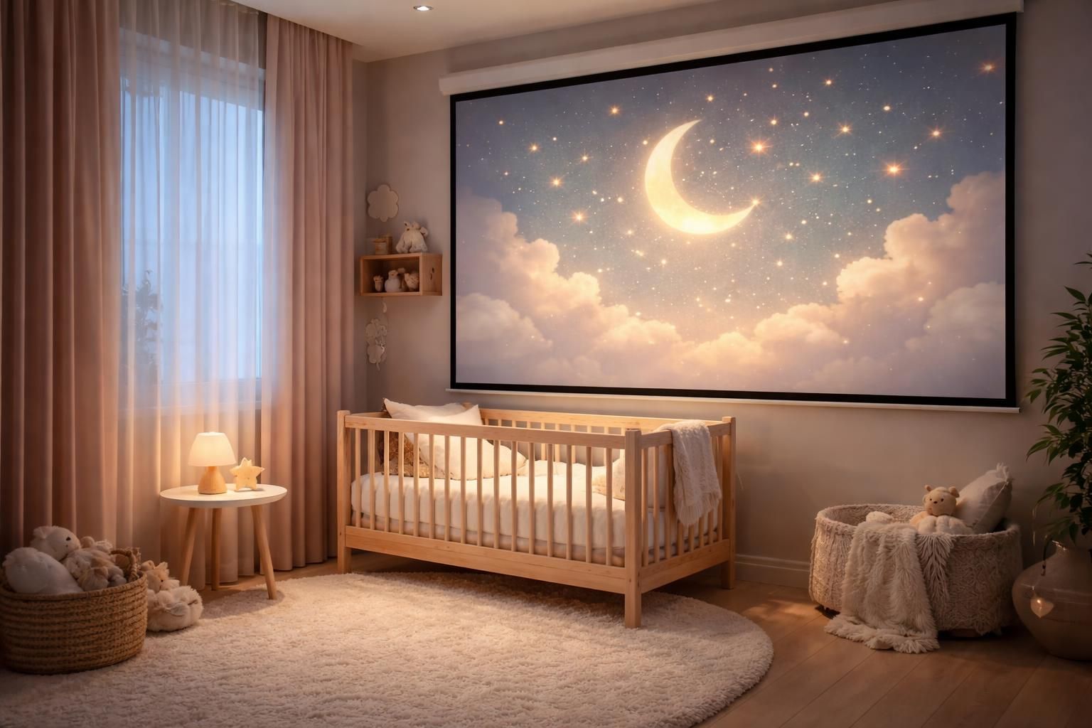créez une ambiance apaisante dans la chambre de votre bébé avec une veilleuse géante projetée sur un écran, idéale pour des nuits douces et sécurisées.