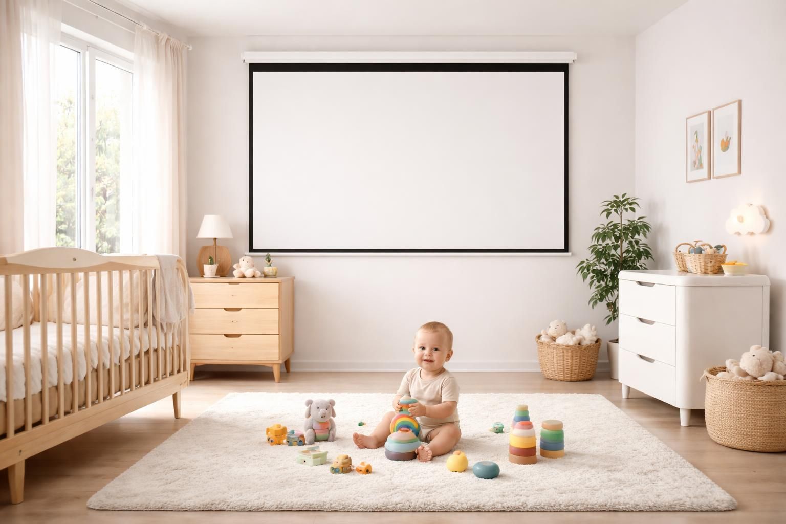 assurez la sécurité de votre bébé avec un écran de projection installé sans câble au sol, évitant tout risque de chute ou d'accident dans la zone de jeu.