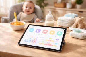 gérez facilement le suivi quotidien de votre bébé : repas, siestes et changes, grâce à une application intuitive sur tablette tactile.