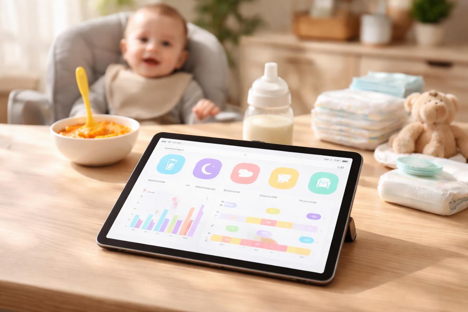 gérez facilement le suivi quotidien de votre bébé : repas, siestes et changes, grâce à une application intuitive sur tablette tactile.