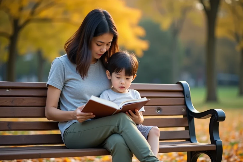Mère lisant un livre illustré à son enfant sur un banc de parc en automne, évoquant la parentalité positive et le lien affectif parent-enfant