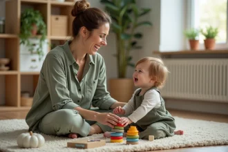 Mère bienveillante jouant avec son enfant en bas âge sur le sol d'un salon chaleureux, illustrant la parentalité positive sans culpabilité