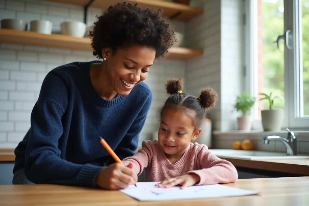 Mère attentive encourageant sa fille à dessiner à la table de cuisine, représentant une approche bienveillante et positive de la parentalité au quotidien
