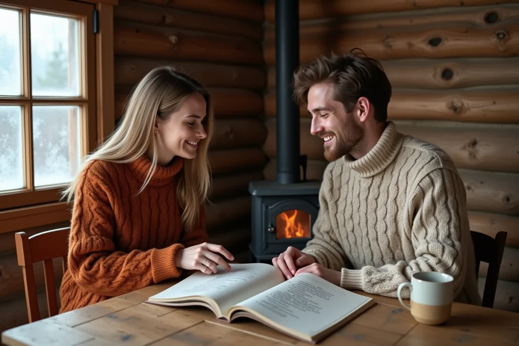 Couple dans un chalet scandinave consultant un livre de prénoms nordiques ensemble autour d'une table en bois