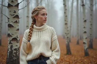 Jeune femme scandinave dans une forêt de bouleaux en automne, illustrant les prénoms nordiques féminins