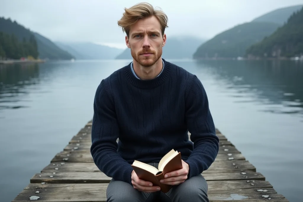 Homme scandinave assis sur un ponton face à un fjord norvégien, évoquant l'univers des prénoms nordiques masculins