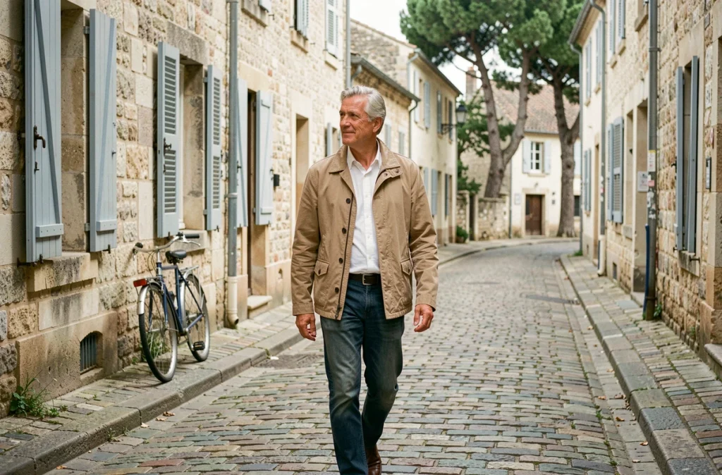 Personnalité médiatique marchant anonymement dans une rue pavée d'une petite ville française, loin des projecteurs