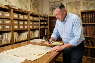 Archiviste examinant des documents généalogiques anciens dans une salle d'archives municipale française