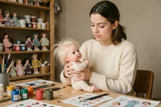 Femme tenant une poupée bébé reborn artisanale à une table d'atelier avec des fournitures de peinture et de customisation