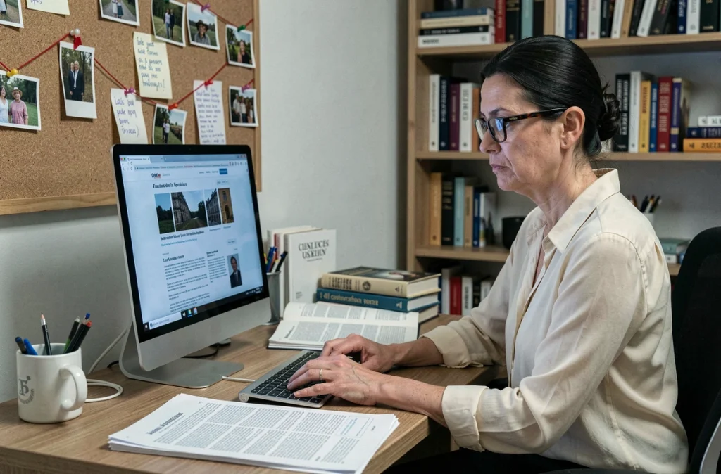 Femme chercheuse analysant des informations généalogiques sur internet avec des documents imprimés sur son bureau