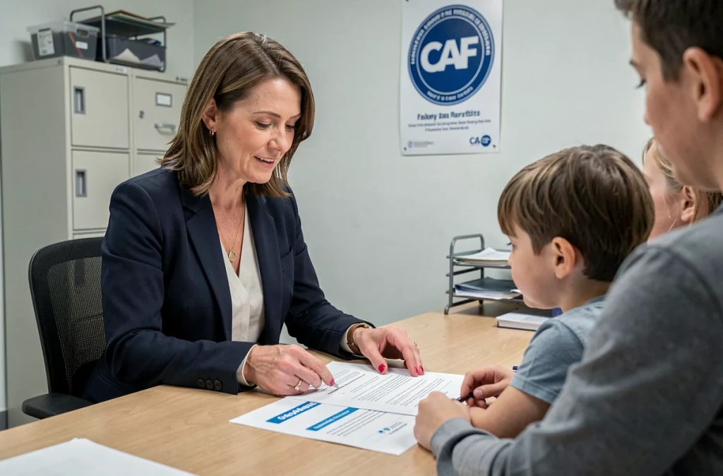 Conseillère CAF expliquant les nouvelles aides familiales 2026 à une famille dans un bureau administratif