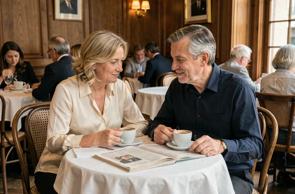 Couple mature partageant un café dans une brasserie parisienne, évoquant la complicité d'une vie commune