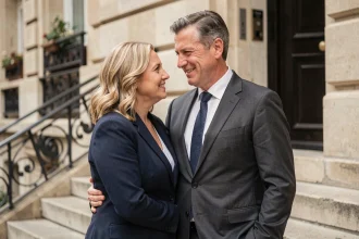 Couple élégant posant devant un bâtiment parisien en pierre, illustrant une union durable et complice