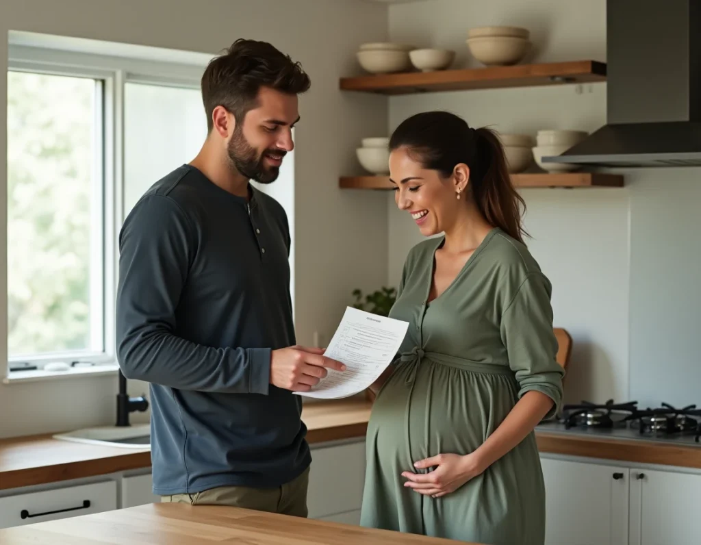 Couple attendant un bébé en train de finaliser ensemble leur liste de naissance imprimée dans une cuisine moderne