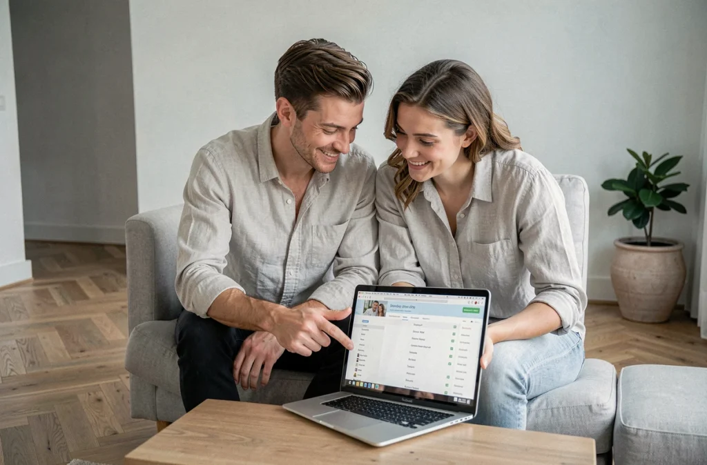 Couple consultant une liste de prénoms sur un ordinateur portable assis ensemble dans un salon moderne et épuré