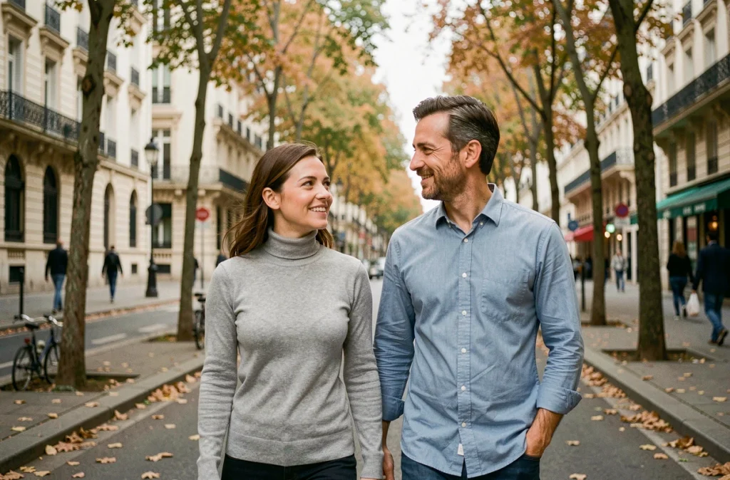 Couple se promenant dans une avenue parisienne, illustrant la vie de famille et le couple d'Amandine Atalaya