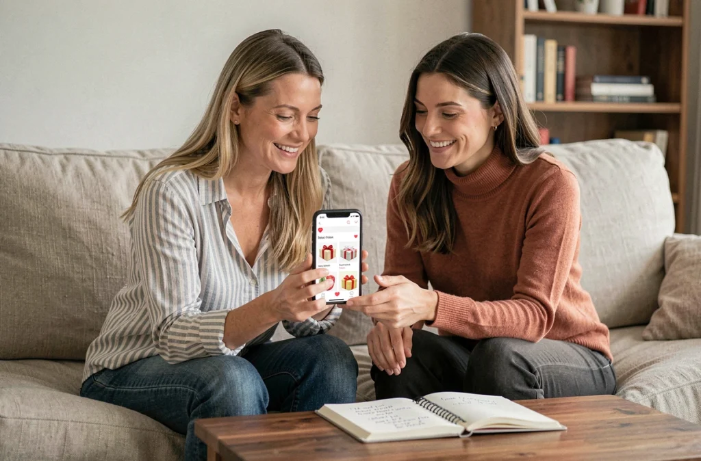 Deux femmes partageant des idées cadeaux sur smartphone assis sur un canapé pour organiser une liste de souhaits commune