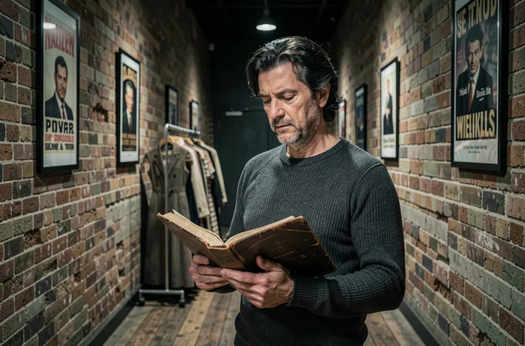 Homme comédien en coulisses d'un théâtre parisien, tenant un script en cuir usé, atmosphère introspective et authentique