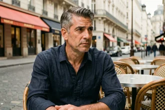 Portrait d'un homme méditerranéen d'une cinquantaine d'années assis en terrasse de café parisien, regard pensif et contemplatif