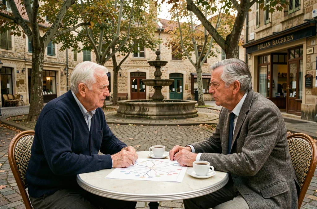 Deux hommes âgés discutant d'un arbre généalogique sur une place de village français typique