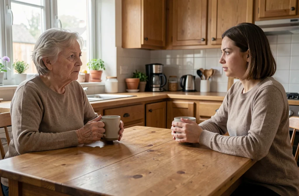 Grand-mère et mère en discussion autour d'une table de cuisine, illustrant le jugement de l'entourage sur les méthodes parentales