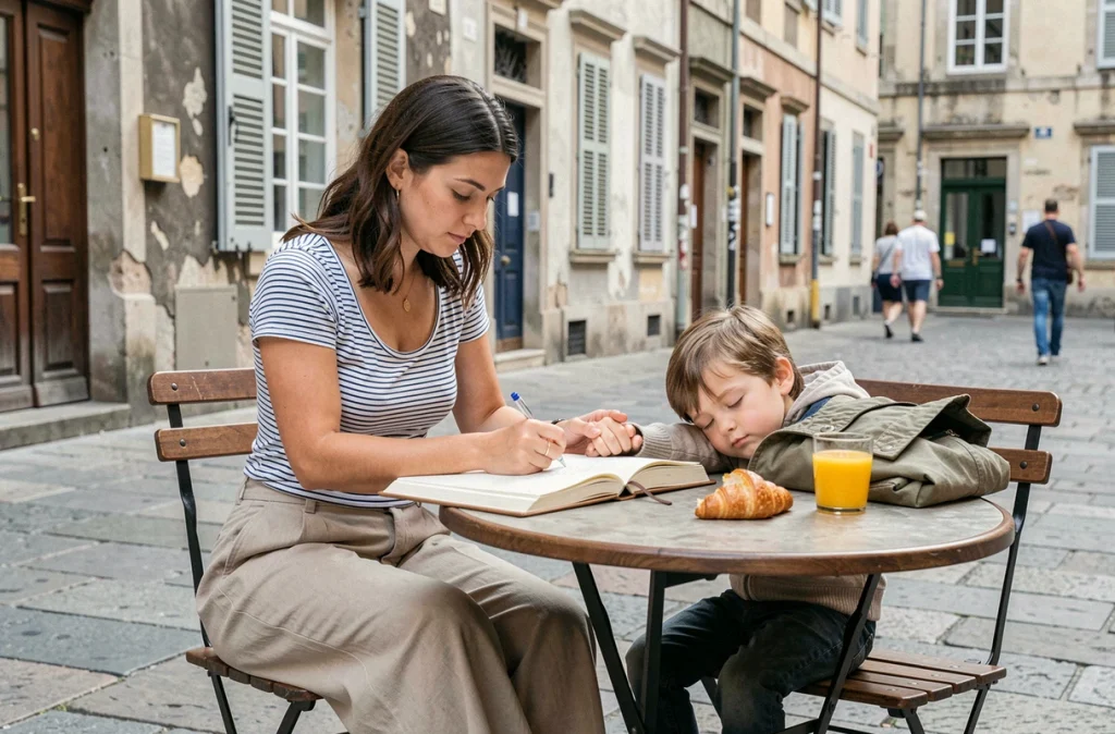 Mère écrivant dans un journal de voyage en terrasse de café pendant que son enfant se repose, illustrant le respect du rythme de l'enfant en voyage