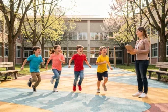 Enfants jouant dans la cour d'un centre aéré pendant les vacances scolaires zone B 2026
