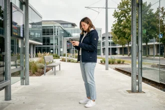 Femme consultant une application de transport en commun à l'arrêt de tram d'Orvault Le Cardo