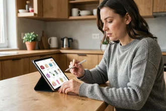 Femme consultant une liste de cadeaux sur tablette dans une cuisine moderne pour organiser ses idées cadeaux en ligne