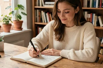 Jeune femme écrivant une liste de prénoms dans un carnet ouvert sur un bureau en bois dans un intérieur cosy