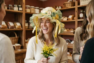 Femme célébrant la Sainte Catherine avec un chapeau traditionnel jaune et vert dans une boulangerie française