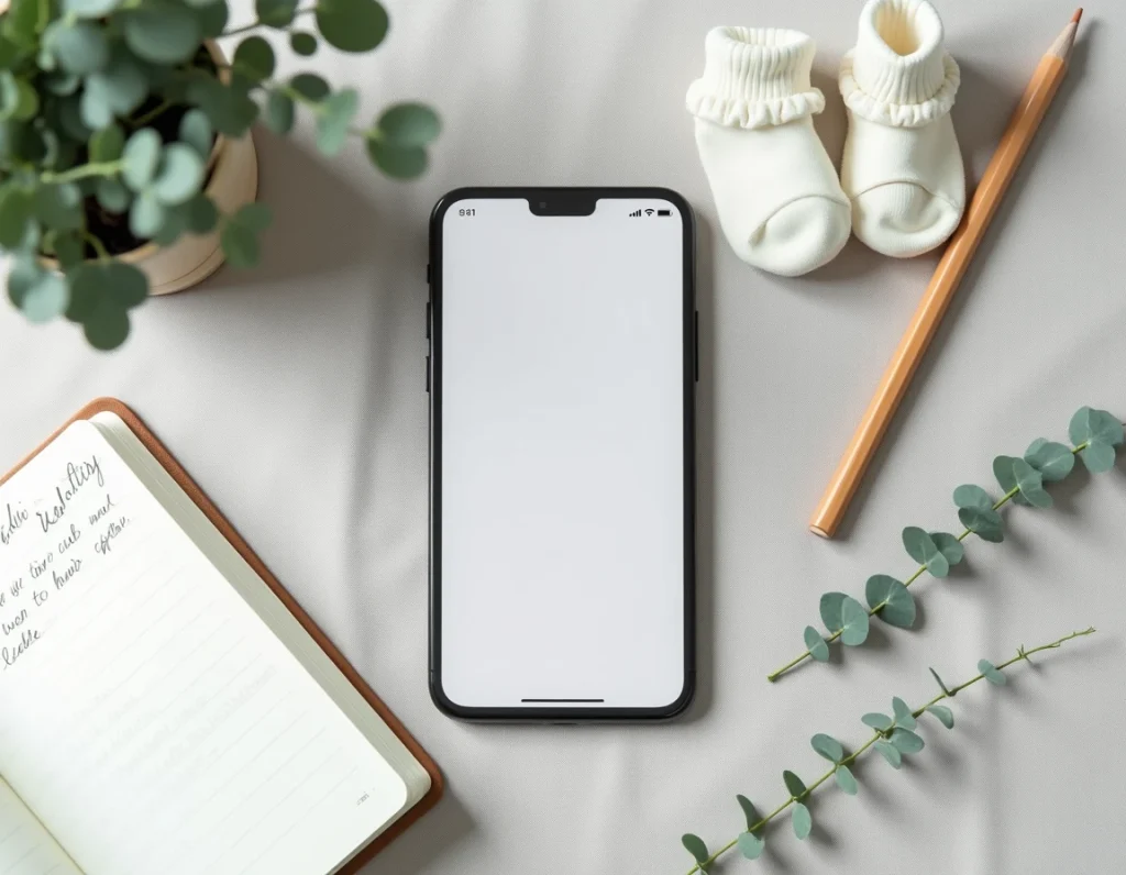 Vue du dessus d'une liste de naissance organisée avec smartphone carnet et articles bébé en flat-lay minimaliste