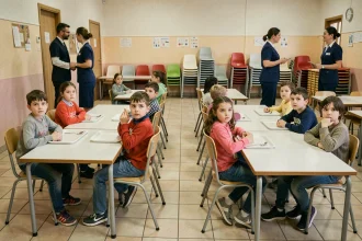 Enfants assis à la cantine scolaire avec des plateaux vides pendant une grève du personnel