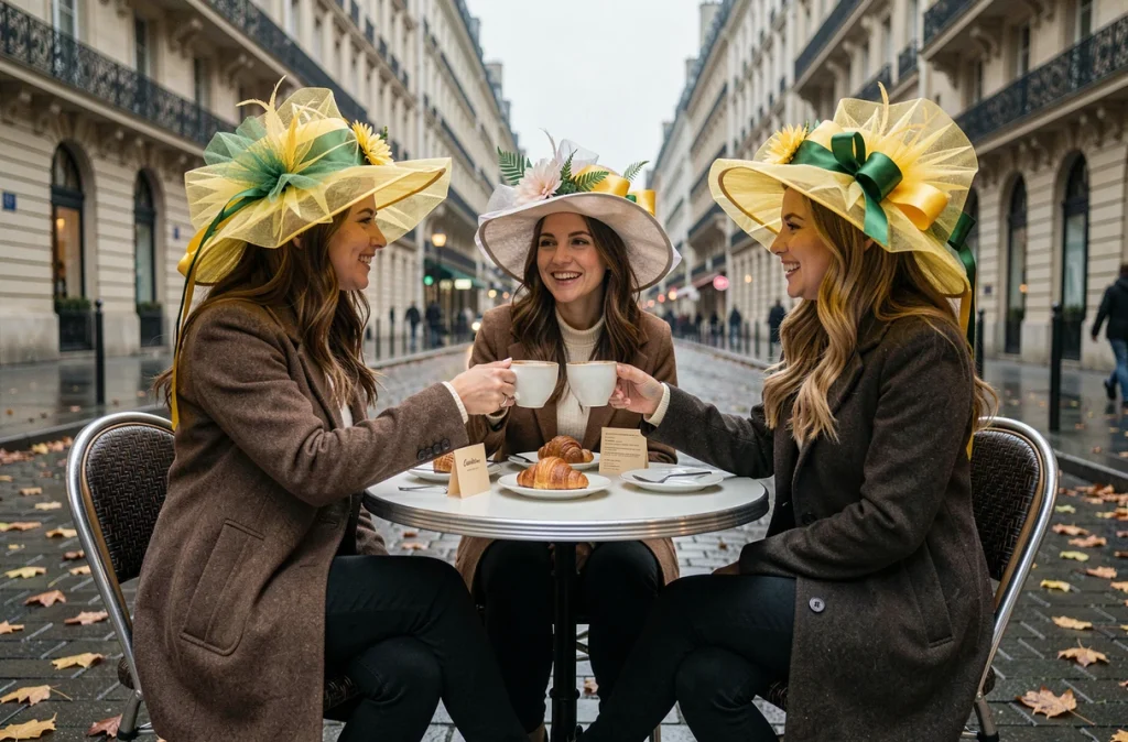 Groupe de femmes fêtant la Sainte Catherine en terrasse de café parisien avec des chapeaux colorés