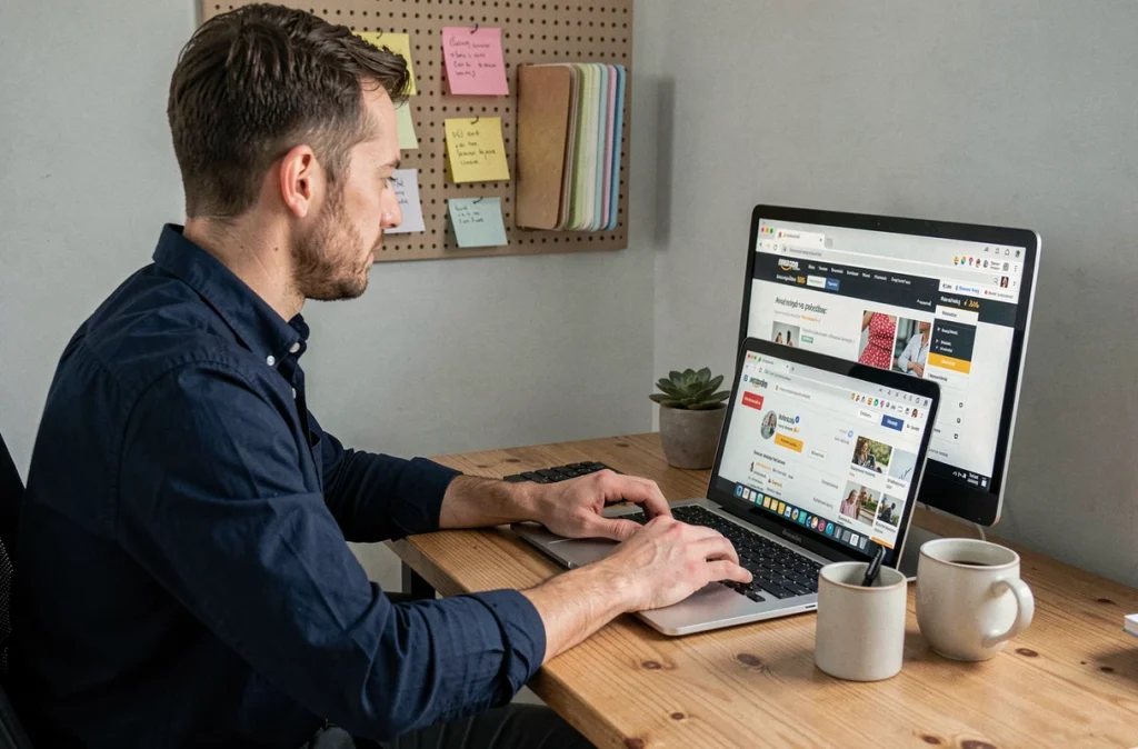 Homme transférant sa liste de souhaits Amazon vers une autre plateforme de cadeaux sur ordinateur portable dans un bureau minimaliste
