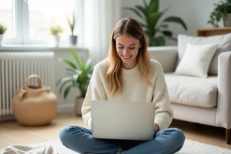 Jeune femme enceinte créant sa liste de naissance en ligne entourée d'articles bébé sur parquet clair