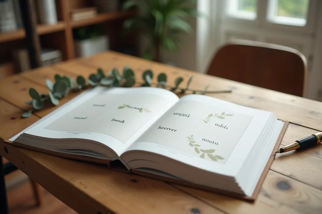Livre photo souvenir bébé mois par mois ouvert sur table en chêne avec décoration botanique