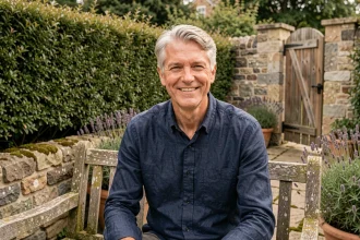 Animateur télévision souriant assis dans un jardin privé, vie discrète loin des médias