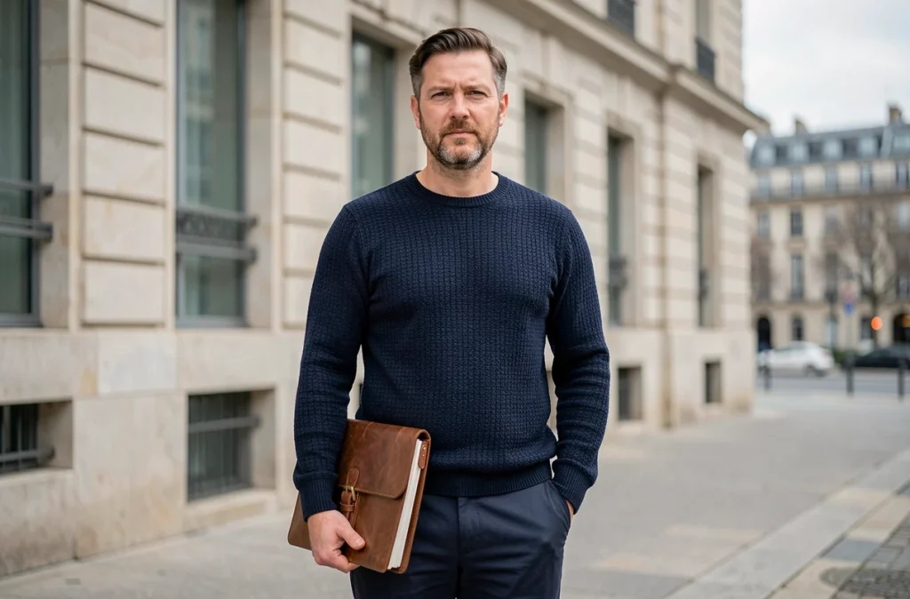 Homme professionnel devant un bâtiment institutionnel parisien, représentant le mari d'une personnalité politique française