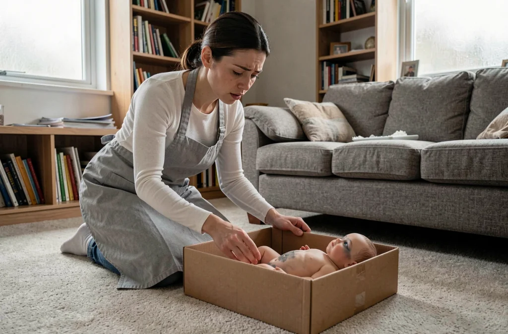 Femme découvrant une poupée reborn mal conservée dans une boîte de rangement, illustrant les erreurs de stockage