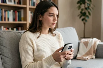 Jeune mère assise sur un canapé tenant un babyphone, expression apaisée mais réfléchie, illustrant le choix de laisser pleurer bébé