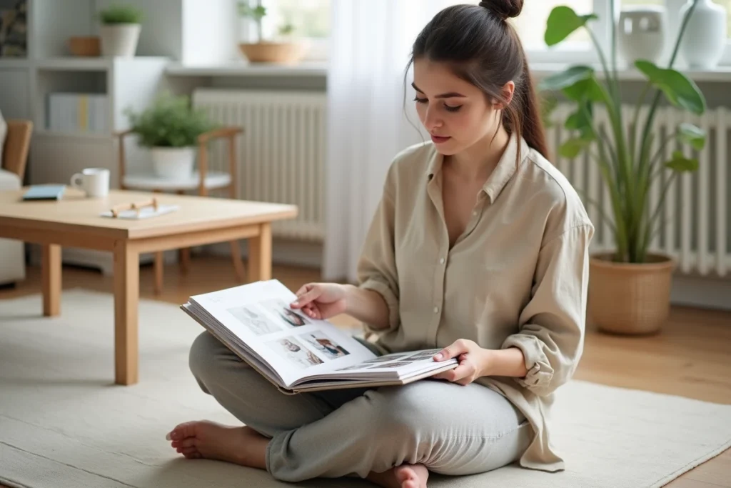 Mère assemblant un livre souvenir photo bébé mois par mois dans un salon scandinave