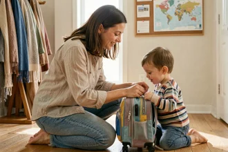 Mère aidant son enfant à préparer un sac à dos de voyage dans le couloir d'entrée d'un appartement familial chaleureux