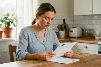 Mère de famille consultant un courrier de la CAF à sa table de cuisine en 2026