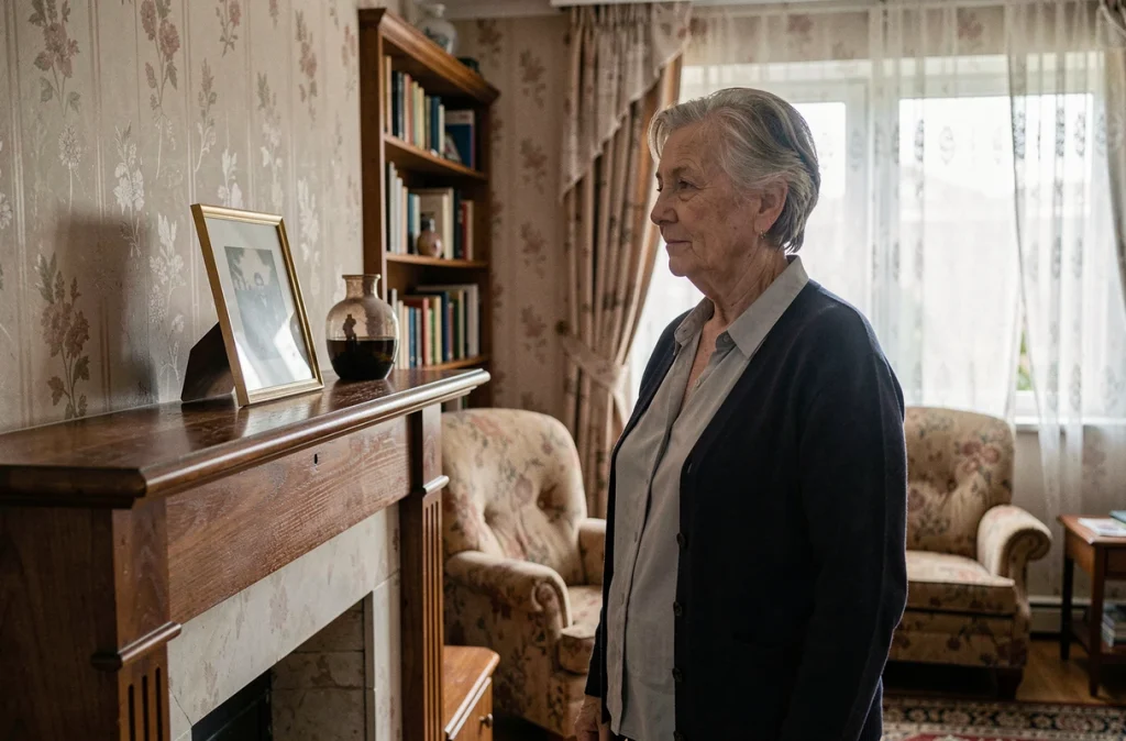 Femme âgée contemplant une photo de famille dans un salon français modeste, évoquant le souvenir et l'épreuve familiale