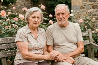 Parents âgés assis dans un jardin provincial français, expression de dignité et de mélancolie après une épreuve médiatique