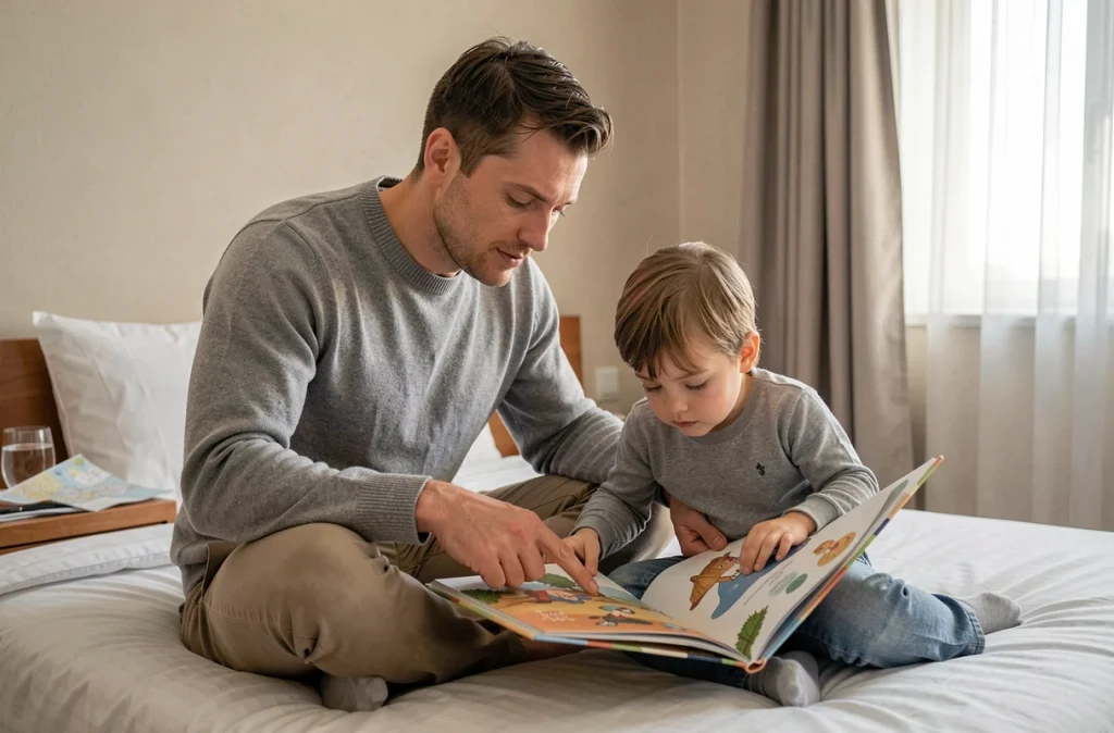 Père et enfant lisant un livre illustré ensemble dans une chambre d'hôtel pendant un voyage en famille