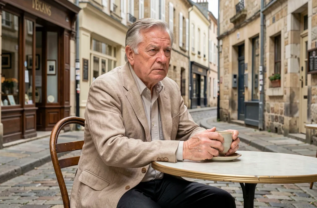 Homme âgé pensif attablé dans un café de rue pavée en France, regard perdu dans ses pensées après une vie bouleversée