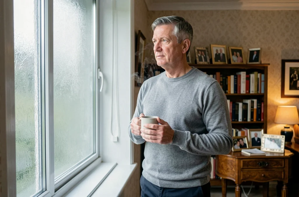 Homme discret dans son intérieur familial chaleureux, symbolisant la vie privée préservée d'une personnalité médiatique
